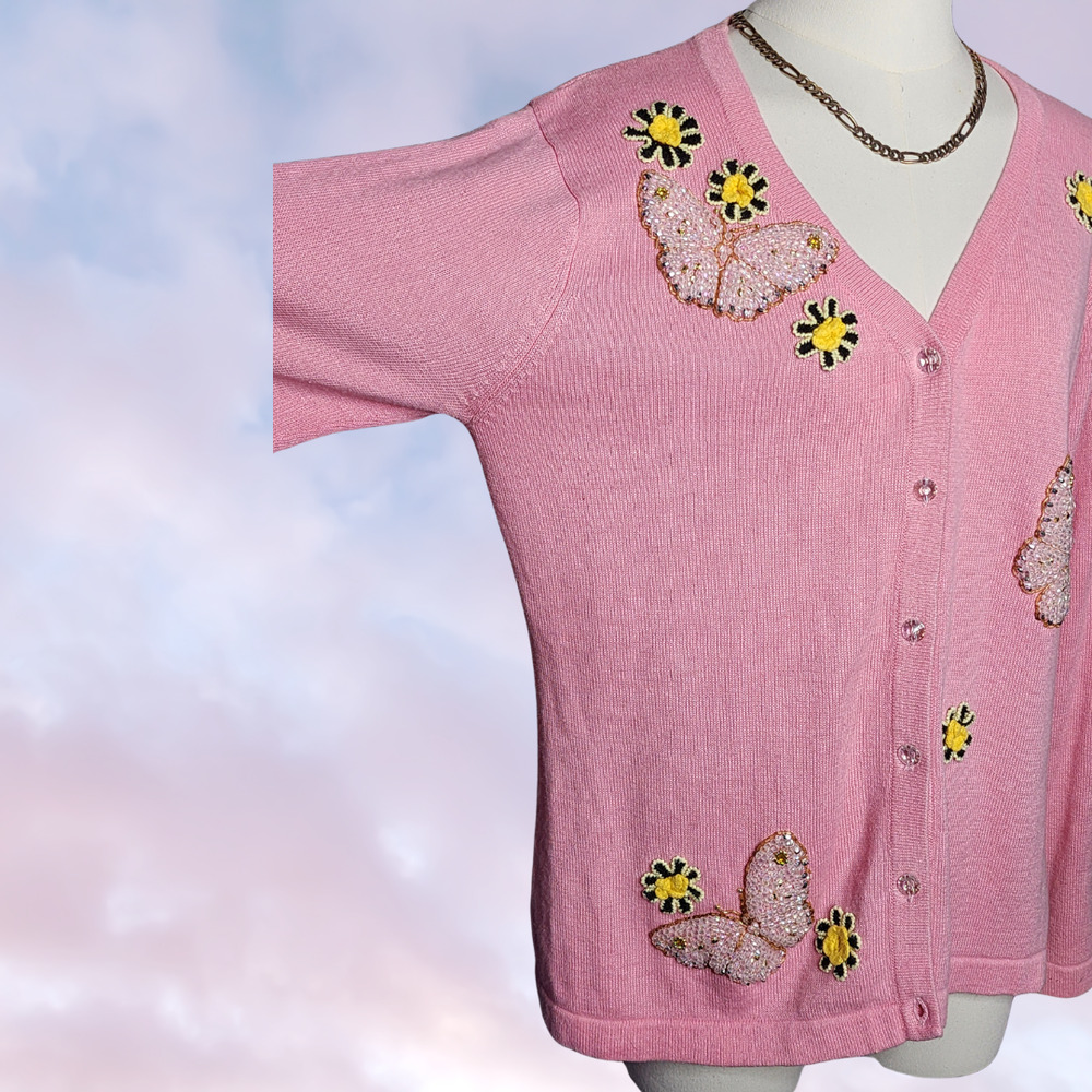 Vtg 80 90s Storybook Knit Pink Yellow Butterfly Flower Coquette Spring Sweater M - Picture 2 of 7